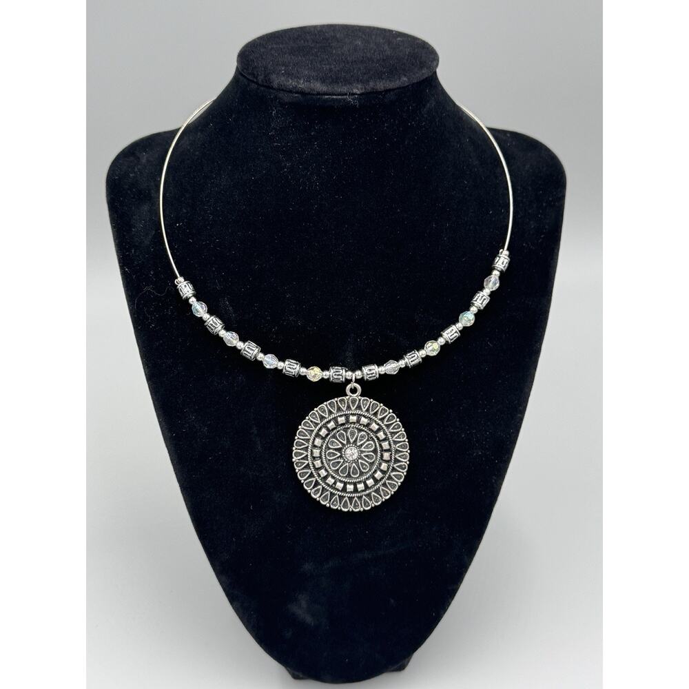 Silver Colored Statement Necklace W/ Circular Mandala Style Pendant & Beaded